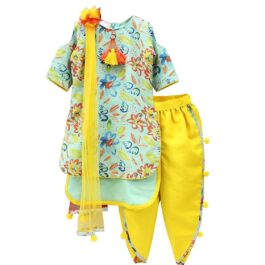 White Button Girl’s  Silk Sky Blue Floral Print Readymade Kids Salwar Suit Dress