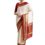 Women’s durga puja Saree with Unstitched Blouse Piece (Cream & Red)