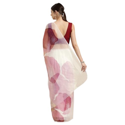 Organza Crepe with Blouse Piece Saree (Off White & Pink)