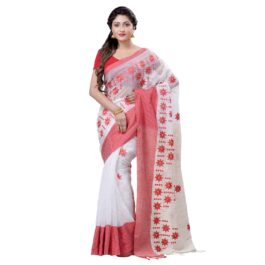 Women`s Bengali Tant Traditional Khadi Pure Cotton Handloom Saree (Red White)