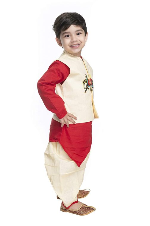 Boys Festive & Casual Full Sleev Pure Cotton RAJA Jacket Kurta with P Dhoti