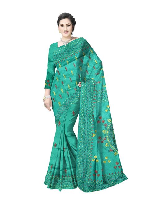 Traditional Resham Work Kantha Stitch Silk Saree